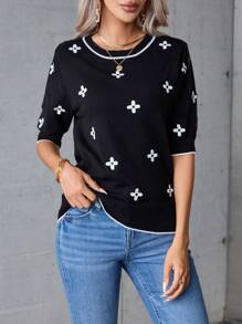 SHEIN Essnce Floral Pattern Knit Top - Black - View 5