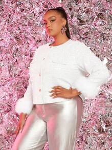 SHEIN SXY 大碼毛茸茸袖口翻蓋口袋前紐扣花呢外套 - 白色 - 查看 5