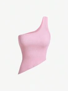 SHEIN MOD Solid One Shoulder Crop Knit Top - Baby Pink - View 1
