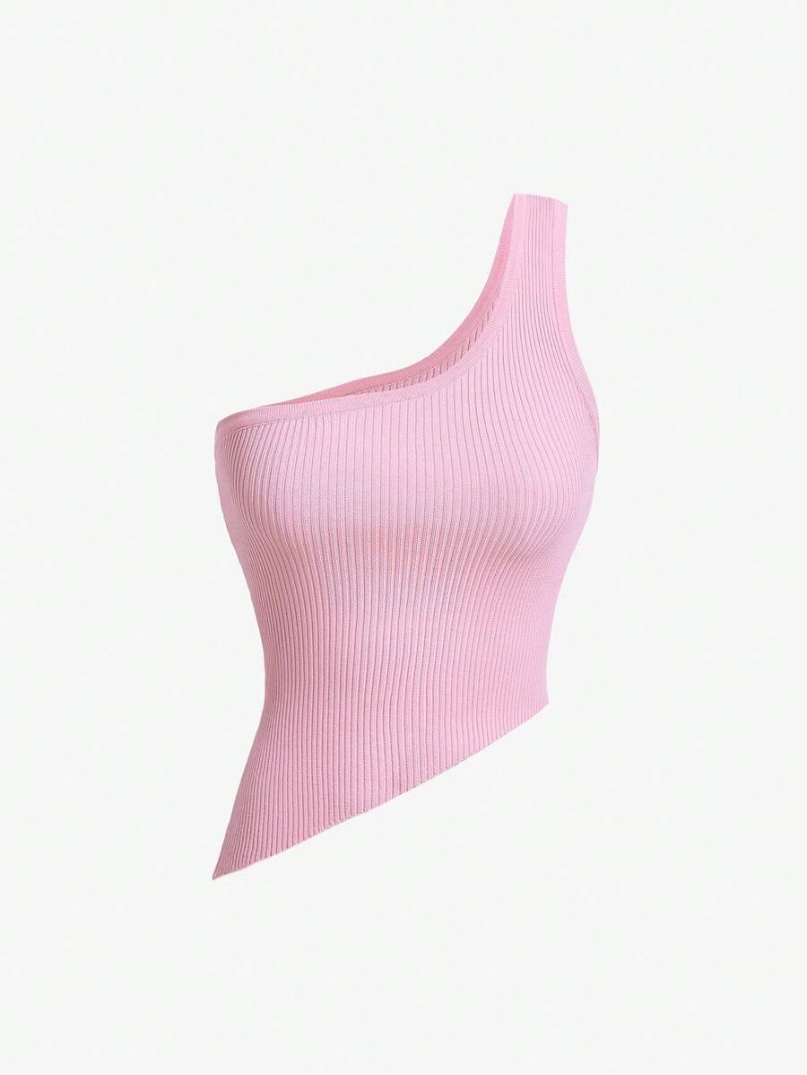 SHEIN MOD Solid One Shoulder Crop Knit Top - Baby Pink - View 1