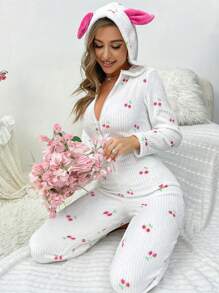 Cherry Print 3D Ear Design Hooded Flannel Sleep Jumpsuit - White - View 5
