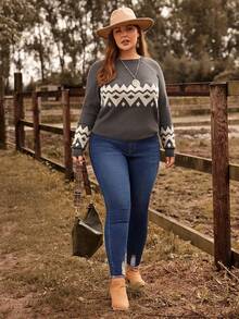 EMERY ROSE 大碼鋸齒圖案插肩袖套頭毛衣 - 灰色 - 查看 4