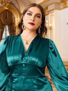 SHEIN Belle 大碼燈籠袖後背開衩緞面伴娘洋裝 - 綠色 - 查看 4