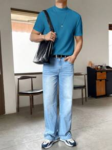 GENTILAND Homme T-shirt Unicolore À Col Montant - Vert - Voir 3