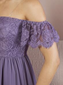 SHEIN Belle Off Shoulder Lace Bodice Chiffon Bridesmaid Dress - Lilac Purple - View 8