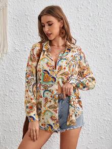 SHEIN VCAY 植物圖案前紐扣襯衫 - 彩色 - 查看 3