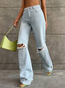 Casual Ripped Straight Leg Jeans - Light Wash - View 2