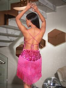 Fringe Hem Kim sa Sự tréo nhau Không lưng Hai Dây Buổi tiệc Fancy Đầm - Màu Hồng Tươi - Xem 2