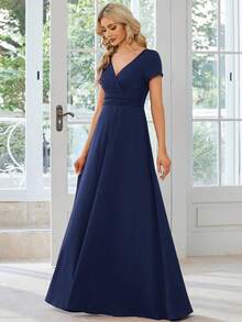 EVERPRETTY Surplice Neck Ruched Waist Chiffon Bridesmaid Dress - Navy Blue - View 4