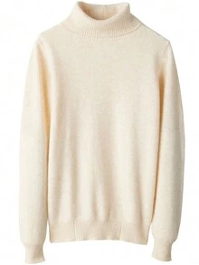 女士100%美利奴羊毛高领毛衣秋冬保暖柔软针织复古毛衣长袖套头衫 - 杏色 - 查看 2