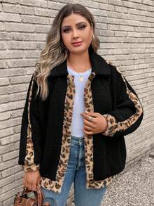 SHEIN LUNE Plus Leopard Pattern Teddy Coat - Black - View 5