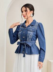 Mulvari Embroidery Detail Belted Denim Blouse - Medium Wash - View 4