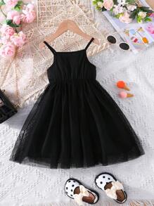 SHEIN Chica Joven Vestido de tirantes de malla en contraste - Negro - Ver 1