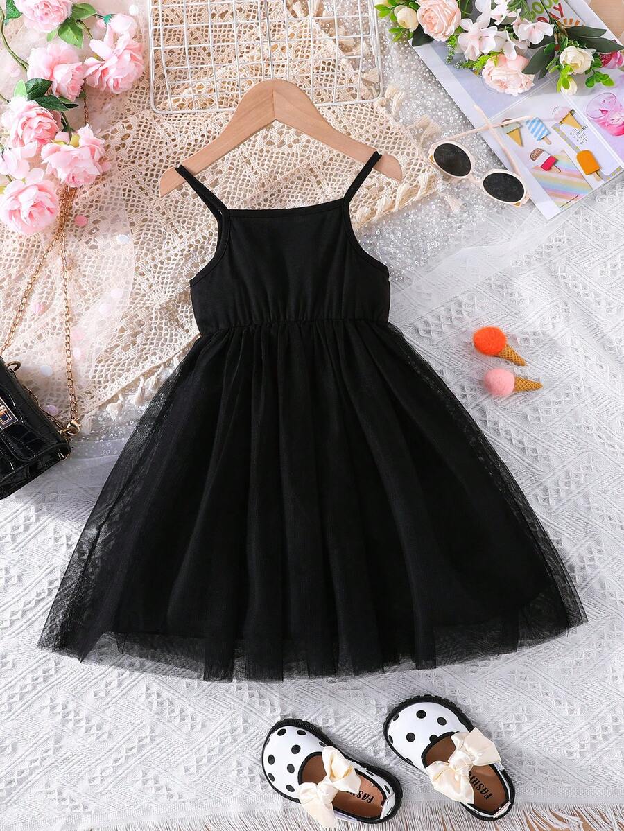 SHEIN Chica Joven Vestido de tirantes de malla en contraste - Negro - Ver 1