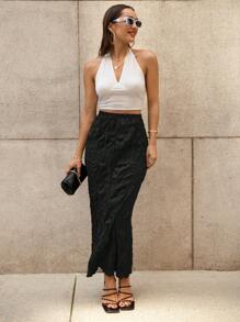 SHEIN Privé Solid Lettuce Trim Skirt - Black - View 1