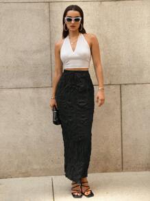 SHEIN Privé Solid Lettuce Trim Skirt - Black - View 6