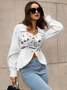 SHEIN Privé Graphic Print Asymmetrical Hem Crop Blouse - White - View 6