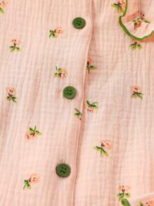 女大童碎花拼接滾邊荷葉袖睡衣套裝 - 粉色 - 查看 4