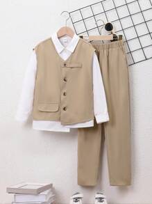 SHEIN Cậu bé Tween Chất rắn Áo khoác vest & Quần & Áo sơ mi - Màu Khaki - Xem 1