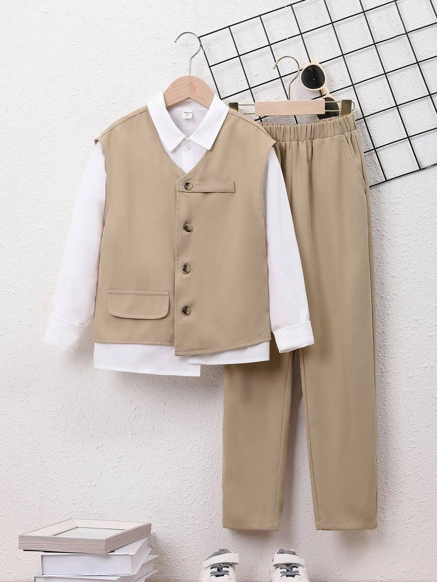 SHEIN Cậu bé Tween Chất rắn Áo khoác vest & Quần & Áo sơ mi - Màu Khaki - Xem 1