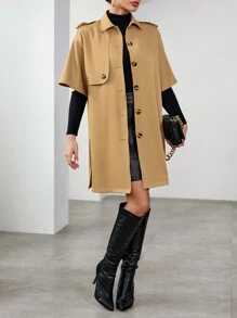 SHEIN Essnce Drop Shoulder Button Front Trench Coat - Khaki - View 3