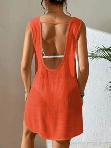 SHEIN Unity 纯色开叉下摆露背罩衫连衣裙（不含比基尼）夏季