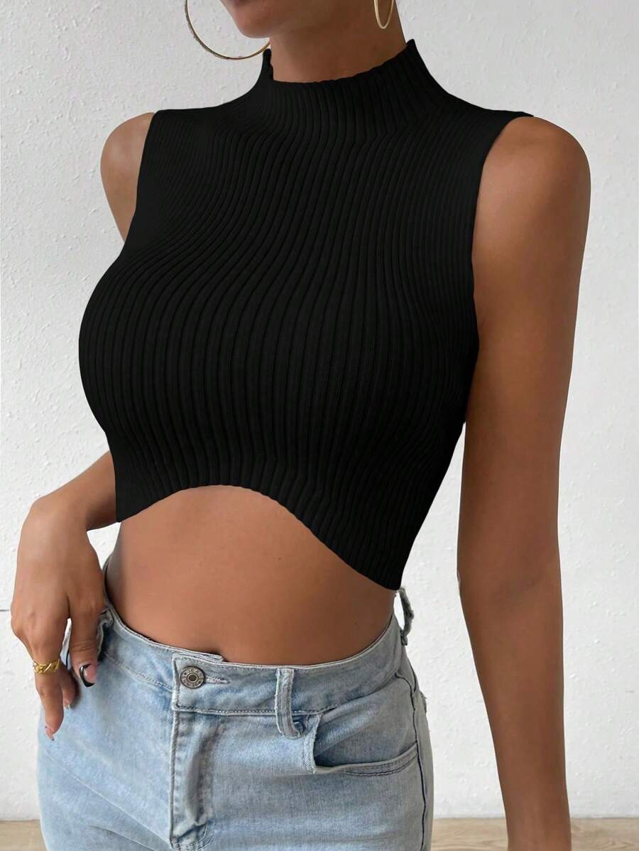 Chiquease Cổ giả Áo Crop Tank Knit ngọn - màu đen - Xem 1