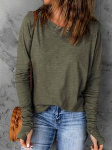 CILKOO Casual Solid Color Raglan Sleeve T-Shirt - Army Green - View 7