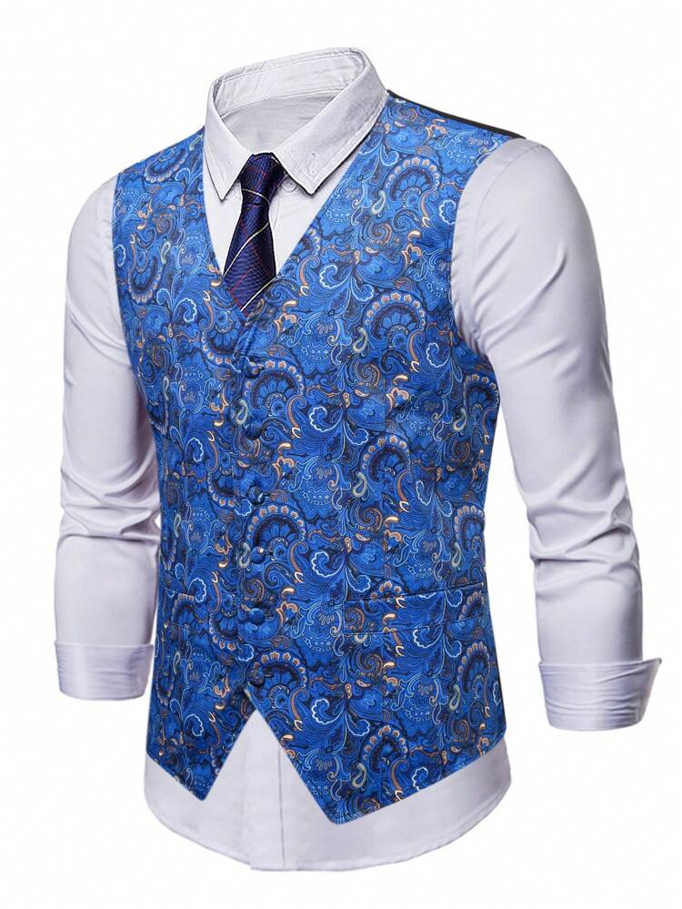 Men Plus Plants Print Waistcoat Without Shirt