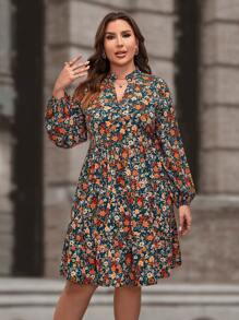SHEIN Clasi Plus Floral Print Lantern Sleeve Dress - Multicolor - View 4