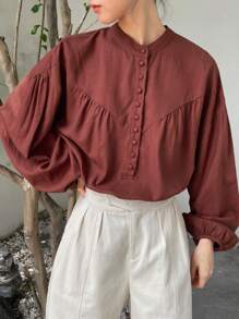 FRIFUL Half Button Drop Shoulder Blouse Linen,Fall Clothes Long Sleeve Top