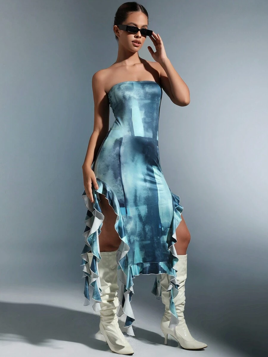 EgrlEra Váy ống dài không đối xứng nhuộm loang màu cho nữ - Màu xanh lam - Xem 1