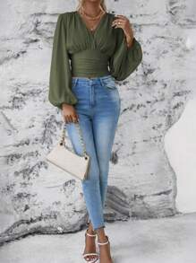 EMERY ROSE 女式纯色重叠V领灯笼袖褶皱时尚衬衫