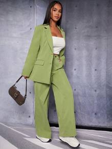 SHEIN PETITE Chất rắn Cổ áo Áo vest & Quần ống rộng - Màu xanh Bạc hà - Xem 3