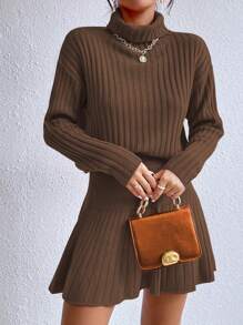 SHEIN Privé Áo cao cổ Thả vai Sweater & Knit Skirt - Màu nâu Sô-cô-la - Xem 3