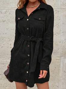 SHEIN LUNE Sukienka-koszula z paskiem - Czarne - Zobacz 3