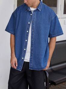 Manfinity Hypemode Men Drop Shoulder Denim Shirt - Blue - View 1