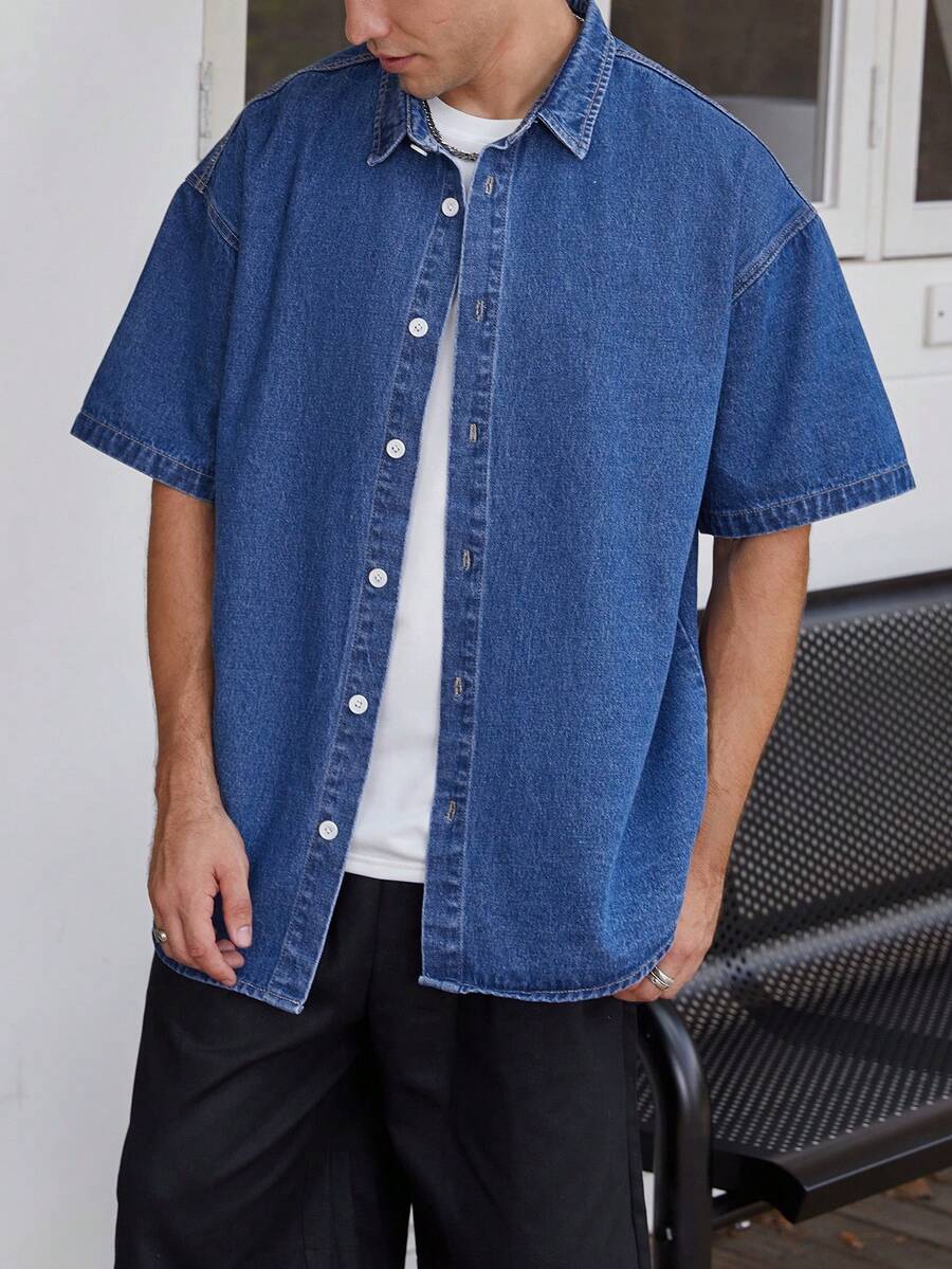 Manfinity Hypemode Men Drop Shoulder Denim Shirt - Blue - View 1