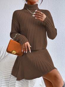 SHEIN Privé Áo cao cổ Thả vai Sweater & Knit Skirt - Màu nâu Sô-cô-la - Xem 5