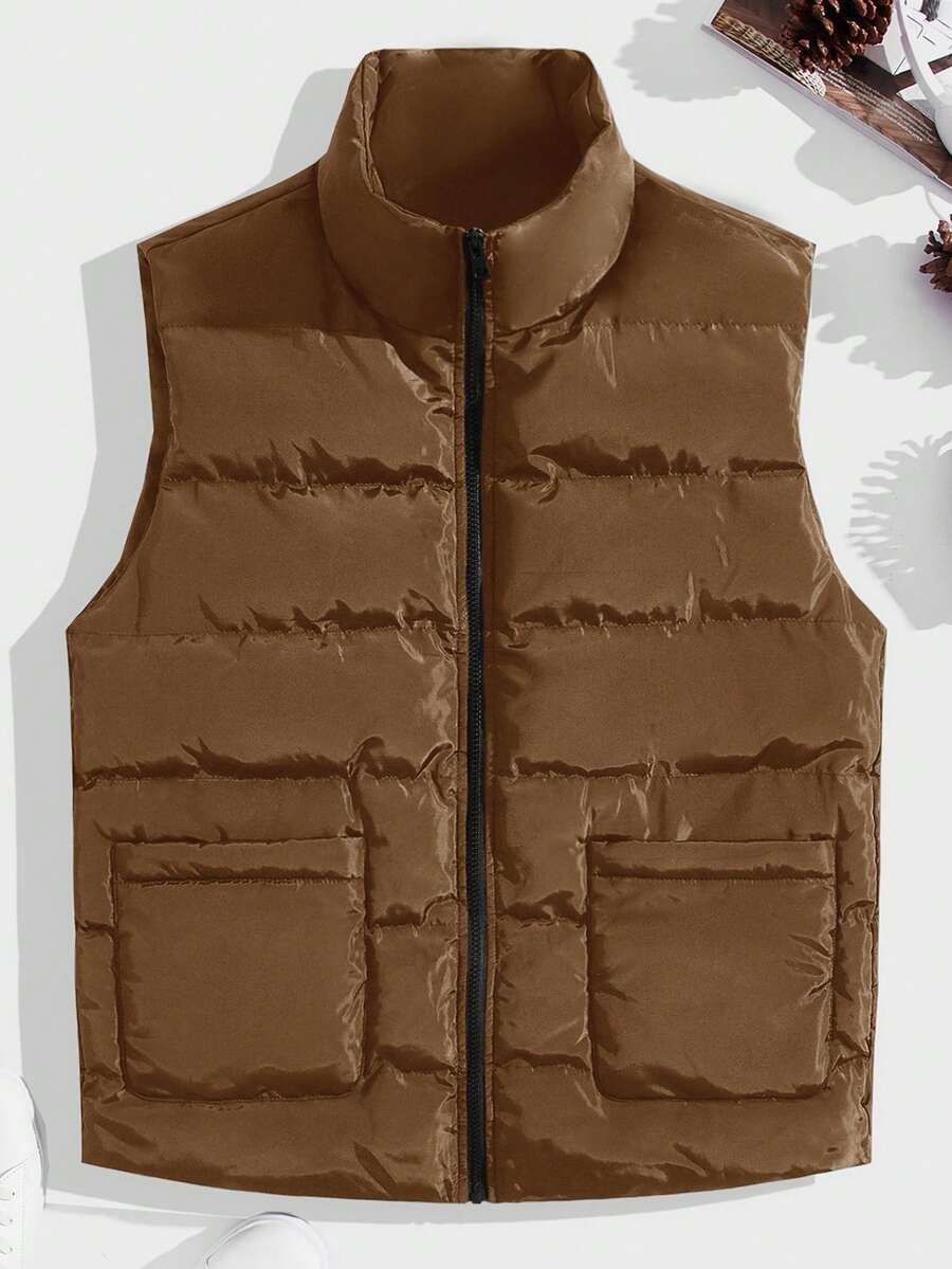 Manfinity Homme Loose Fit Men's Zip Up Puffer Vest Coat - Coffee Brown - View 1
