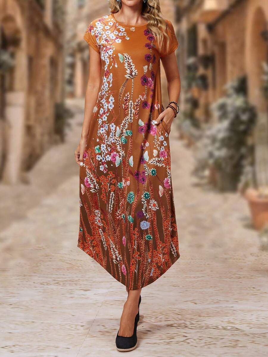 EMERY ROSE 印花隱藏口袋弧形下擺T恤洋裝 - 棕色 - 查看 1