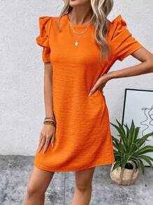 SHEIN Clasi Solid Puff Sleeve Tunic Dress - Orange - View 3