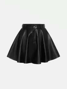 SHEIN Girlism Teen Girl Plain Sunflower Swing PU Leather Casual Skirt