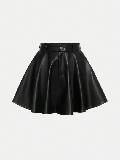 SHEIN Girlism 少女純色向日葵紋擺動PU皮革休閒裙