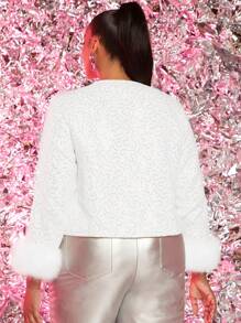 SHEIN SXY 大碼毛茸茸袖口翻蓋口袋前紐扣花呢外套 - 白色 - 查看 2