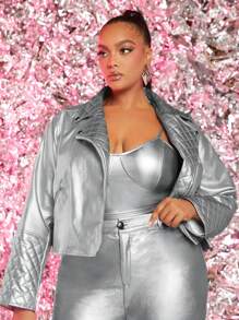 SHEIN SXY Plus Zip Up Patent Moto Jacket - Silver - View 1