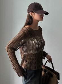 DAZY 休閒透膚 開衩純色女士上衣 - 咖啡棕 - 查看 3