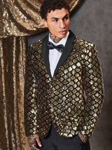 GENTILAND Men 1pc Gold Argyle Sequin Blazer - Multicolor - View 4