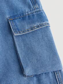 SHEIN 青少年女孩側翻蓋口袋工裝牛仔褲 - 中等水洗藍 - 查看 4