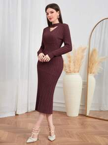 Modelyn Burgundy Red Choker Neck Cable Knit Bodycon Sweater Dress - Burgundy - View 4